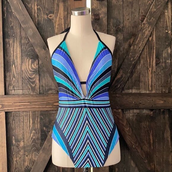 Coastal blue Striped swim suit 1 piece Small - Picture 1 of 10